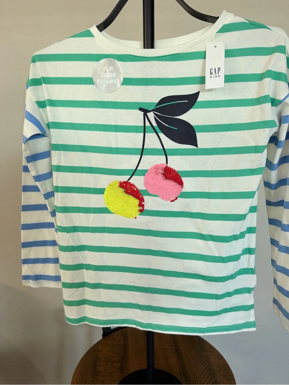 GAP Green Striped Cherry Sequin Long-Sleeve Top